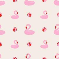 Pink flamingo inflatable ring and balls seamless pattern. Hand drawn textured lino cut style summer illustrations backdrop. vector