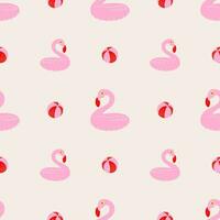 Pink flamingo inflatable ring and balls seamless pattern. Hand drawn textured lino cut style summer illustrations backdrop. vector