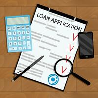 Calculate loan payments top view table. Payment to loan application on wooden table. Vector illustration