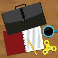 Work business top view. Vector work flow view, office table business with briefcase, spinner and notebook illustration
