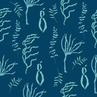 Simple seamless pattern with blue hand drawn seaweeds on dark background. vector