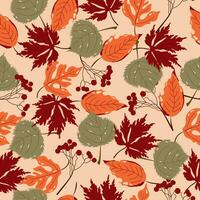 Colourful autumn seamless pattern with hand drawn leaves and berries. vector