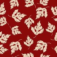 Bright seamless red pattern with beige leaves. vector