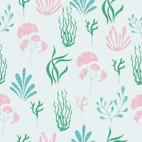 Seamless elegant pattern with hand drawn seaweeds. Vector design on light grey background.