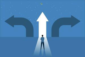 Businessman must choose between three different options indicated by arrows pointing in opposite directions concept, Choosing the right path. Choices and decisions, path selection dilemmas. vector