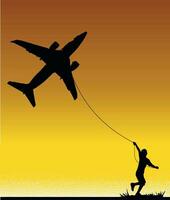 Surrealistic vector illustration of boy flying a plane, as if it were a kite.