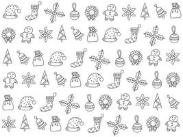 Christmas icon set with snowflakes, hats, star, Christmas tree, balls, orange, sock, gift, drink and garlands. Vector icons for business and holidays