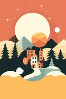 Christmas Winter Wonderland Flat Vector Greeting Card Illustration