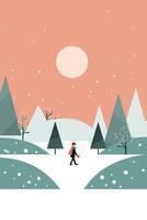 Christmas Winter Wonderland Flat Vector Greeting Card Illustration