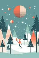 Christmas Winter Wonderland Flat Vector Greeting Card Illustration