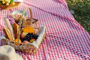 picnic almuerzo comida al aire libre parque con comida picnic cesta. disfrutando picnic hora en parque naturaleza al aire libre foto