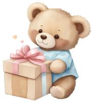 Cute teddy bear with a gift box. AI Generative png