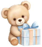 linda osito de peluche oso con un regalo caja. ai generativo png