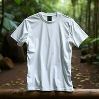 Forest Landscape Background Plain White Tshirt Mockup for Nature, ai generated photo