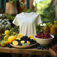Casual White Tee Mockup on Wooden Table with Fresh Fruit Decor, ai generated photo
