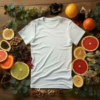 sencillo blanco camiseta Bosquejo en de madera mesa con Fruta acuerdo, ai generado foto