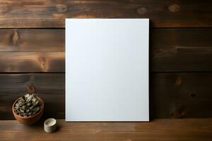 Mockup White Portrait Paper with Wooden Table, ai generated photo