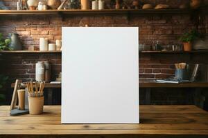 White Portrait Paper Mockup on Wood Table with Stationery decor, ai generated photo