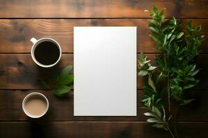 White Plain Paper with Coffee Cup and Foliage on Wooden Table Top View, ai generated photo