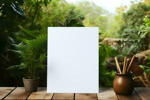 White Paper Mockup on Wooden Surface with Natural Foliage Background, ai generated photo