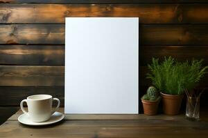 White Portrait Paper on Wooden Table with Greenery and coffee decor, ai generated photo