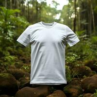 Forest Nature Scene Plain White Tshirt Mockup for Relaxing Look, ai generated photo