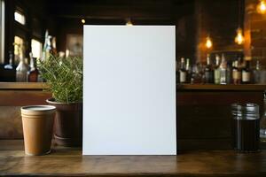 White Plain Paper on Wooden Table in Cafe Restaurant Interior Decor, ai generated photo