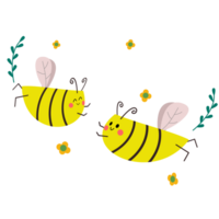 two cute bees flying in the air, with flowers on their backs png