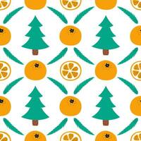 New Year's seamless bright pattern with tangerines, Christmas tree and Christmas tree branch on a white background vector