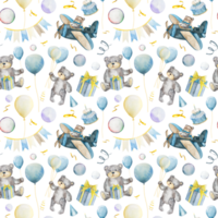 Hand drawn watercolor illustration of a seamless pattern of a cartoon bear in a plane with balloons png