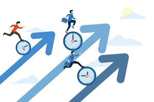 time management, increasing efficiency, productivity to complete a project, teamwork or planning, multitasking or completing work within a deadline, business people climb the upward arrow. vector