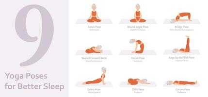yoga poses para mejor dormir. mayor mujer practicando yoga asanas sano estilo de vida. lleno cuerpo yoga, aptitud física, aerobio y ejercicios ejercicio. plano dibujos animados personaje. vector ilustración
