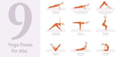 Yoga poses for Back Pain. Elderly woman practicing yoga asana. Healthy lifestyle. Full body yoga, fitness, aerobic and exercises workout. Flat cartoon character. Vector illustration