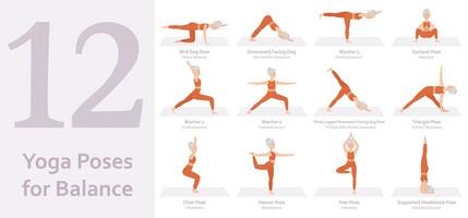 yoga poses para balance. mayor mujer practicando yoga asanas sano estilo de vida. lleno cuerpo yoga, aptitud física, aerobio y ejercicios ejercicio. plano dibujos animados personaje. vector ilustración