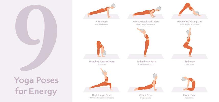 9 yoga poses for workout in flow energy Royalty Free Vector