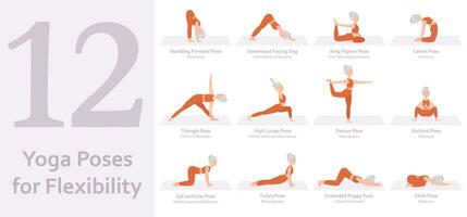 Yoga poses for Flexibility. Elderly woman practicing yoga asana. Healthy lifestyle. Full body yoga, fitness, aerobic and exercises workout. Flat cartoon character. Vector illustration