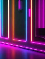 Neon Glowing Laser Liner Purple Blue Triangle Concrete Cement Columns Underground Tunnel Sci Fi Futuristic Dark Corridor Glowing White Led Lights Reflections Garage 3D Rendering photo