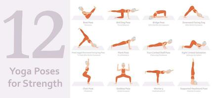 Yoga poses for Boost Strength. Elderly woman practicing yoga asana. Healthy lifestyle. Full body yoga, fitness, aerobic and exercises workout. Flat cartoon character. Vector illustration