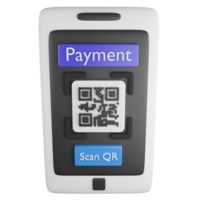 Payment by QR code on smartphone clipart flat design icon isolated on transparent background, 3D render online shopping concept png