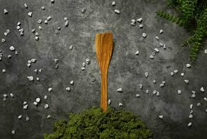 Wooden spatula moss green plant stones kitchen background wallpaper photo