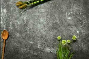 Kitchen wallpaper with flour plants wooden spoon green leaves bakery background photo