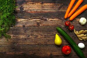 Fresh food on wood table health vegetable restaurant background kitchen cooking wallpaper photo