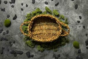 Straw basket green moss wooden coal kitchen wallpaper photo