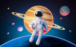 Cartoon spaceman with outer space background, 3d rendering. photo