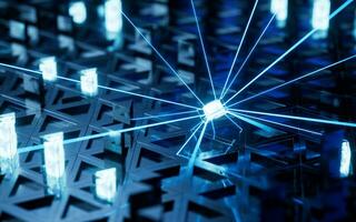 Digital circuit board with glowing neon lines, 3d rendering. photo