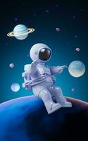 Cartoon spaceman with outer space background, 3d rendering. photo