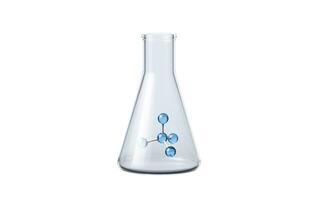 Chemical glassware and molecule, 3d rendering. photo