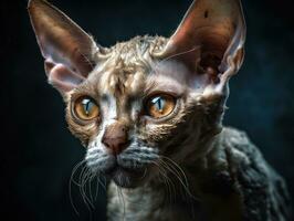 Devon rex cat portrait close up created with Generative AI technology photo