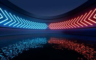 Glowing neon lines with water surface background, 3d rendering. photo