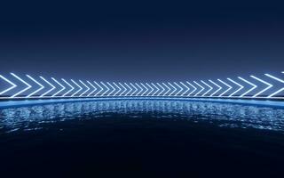 Glowing neon lines with water surface background, 3d rendering. photo